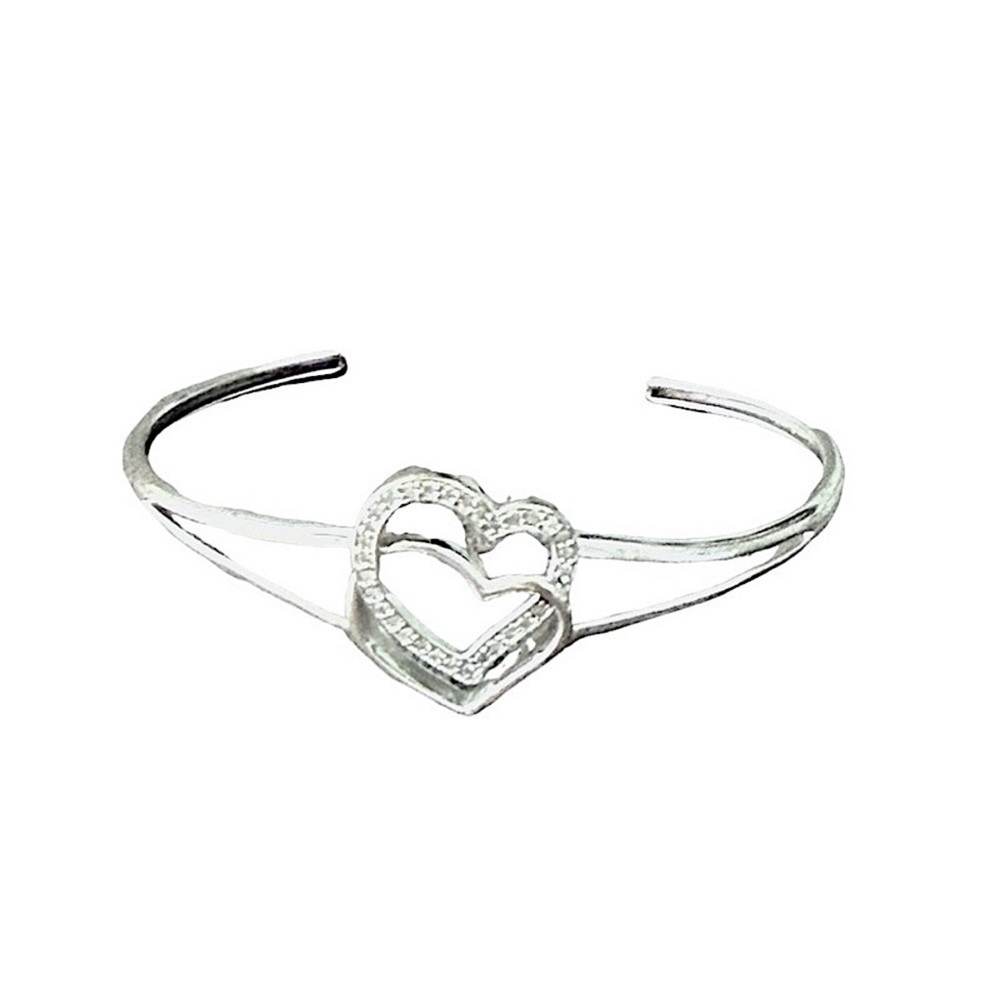 Diamond Sterling Silver Double Open Heart Cuff Bracelet